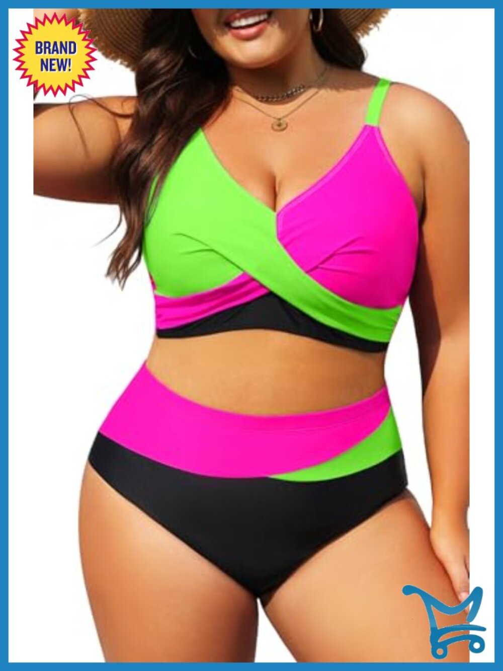 Plus Size High Waisted Two Piece Swimsuit Colorblock Bikini Set